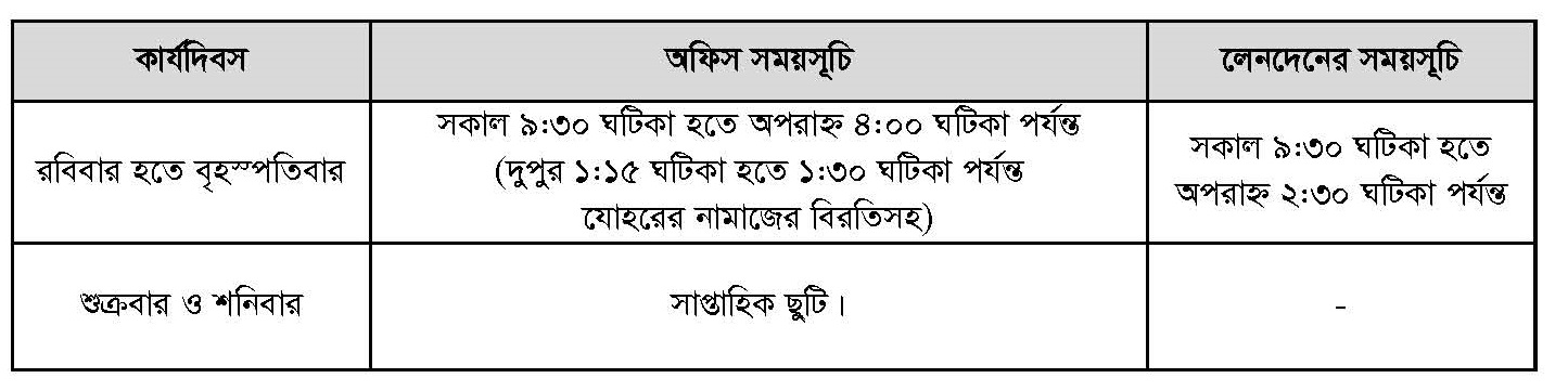 ব্যাংকের সময়সূচী ২০২২