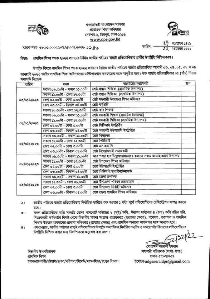 জাতীয় প্রাথমিক শিক্ষা পদক ২০২২ । জাতীয় পর্যায়ের বাছাই প্রতিযোগীতায় যারা উপস্থিত থাকবেন