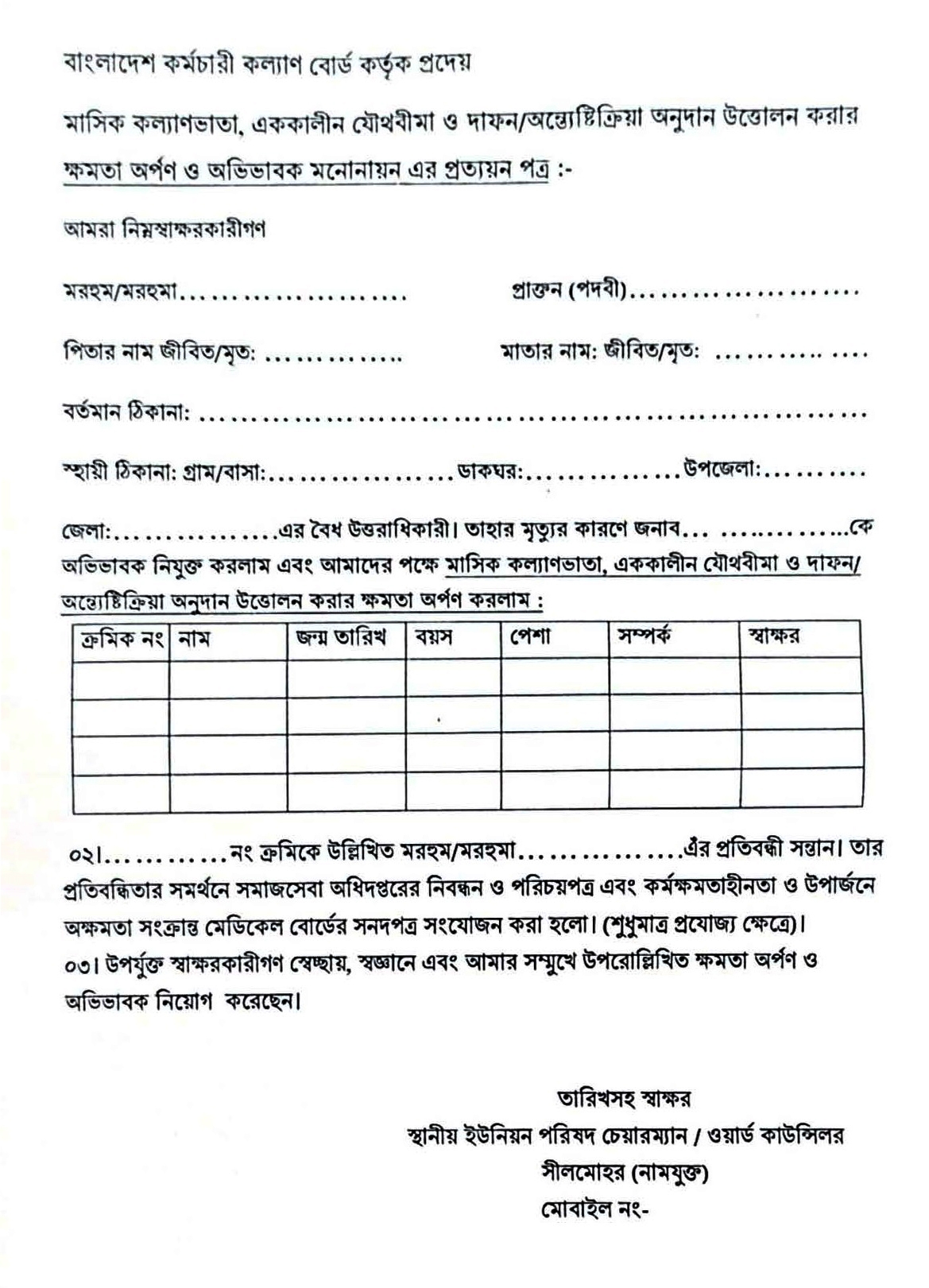 মাসিক কল্যাণভাতা,যৌথবীমা এবং দাফন-অন্ত্যোষ্টিক্রিয়া অনুদান উত্তোলন করার ক্ষমতা অর্পণ ও অভিভাবক মনোনয়ন এর প্রত্যয়ন পত্রের নমুনা