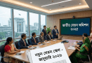 Group of Professionals in a Modern Boardroom a Presenter Stands by a Screen with Bengali Text About the National Pay Commission 2025