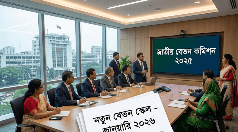 Group of professionals in a modern boardroom, a presenter stands by a screen with Bengali text about the National Pay Commission 2025.