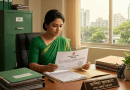 Woman in a Green Saree Sits at an Office Desk Reading a Deputation Order with Files and a Nameplate Visible on the Desk