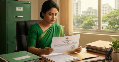 Woman in a Green Saree Sits at an Office Desk Reading a Deputation Order with Files and a Nameplate Visible on the Desk