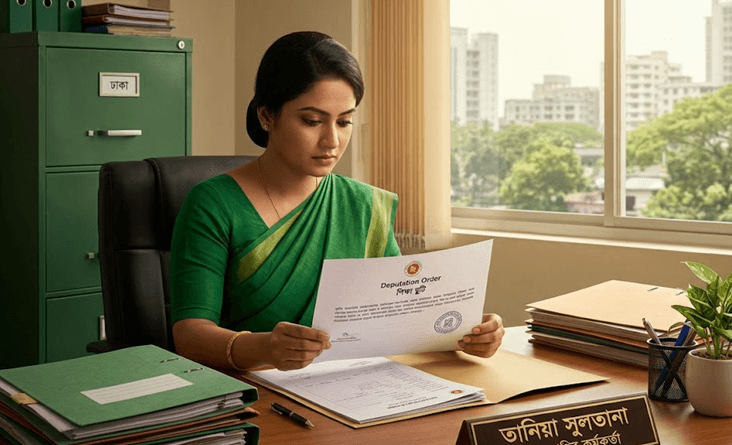 Woman in a green saree sits at an office desk, reading a deputation order with files and a nameplate visible on the desk.