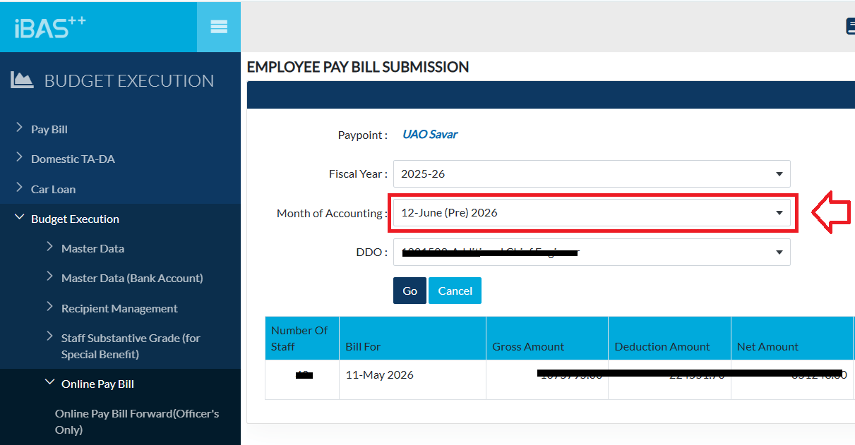 1 | বাংলাদেশ সার্ভিস রুলস Employee Pay Bill Submission Form in a Blue Dashboard with Month of Accounting Showing 12 june pre 2026