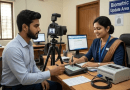Man Undergoing Biometric Update a Camera on a Tripod Records As a Female Official Stamps a Document at a Desk Labeled Biometric Update Area