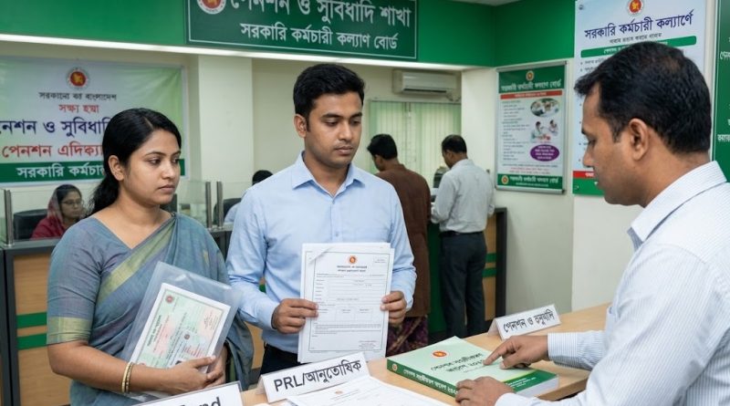 a Man and a Woman Stand at a Government Service Center Counter Holding Documents While a Staff Member Assists Signs on the Desk Include Gp Fund and Other Labeled Form Folders