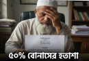 Elderly Man in a White Prayer Cap Sits at a Desk Holding a Document and Looking Worried Bengali Banner Text Advertises 50