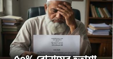 Elderly Man in a White Prayer Cap Sits at a Desk Holding a Document and Looking Worried Bengali Banner Text Advertises 50