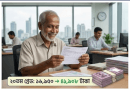 Smiling Older Man Reads a Check at a Desk with Stacks of Cash in Front in a Bright Office with a City View Behind Him