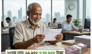 Smiling Older Man Reads a Check at a Desk with Stacks of Cash in Front in a Bright Office with a City View Behind Him