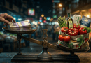 Hand Places a Stack of Cash on a Vintage Balance Scale Opposite a Basket of Groceries Suggesting Cost of Living