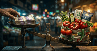 Hand Places a Stack of Cash on a Vintage Balance Scale Opposite a Basket of Groceries Suggesting Cost of Living