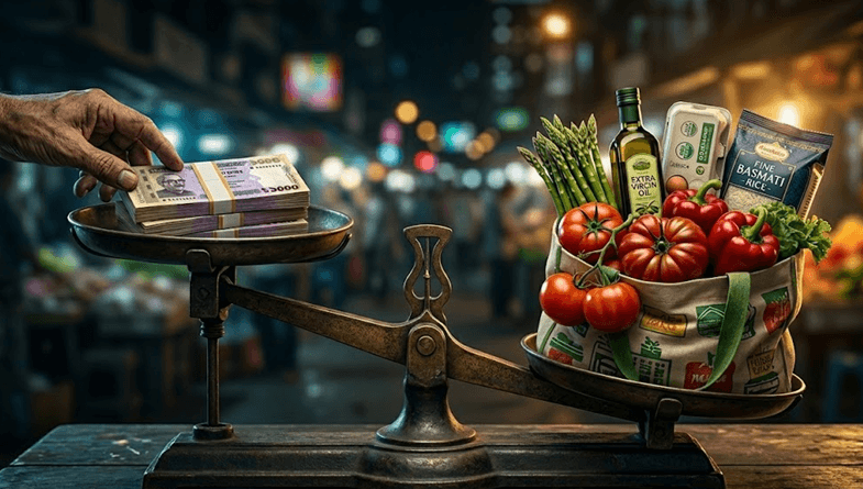 Hand places a stack of cash on a vintage balance scale, opposite a basket of groceries, suggesting cost of living.