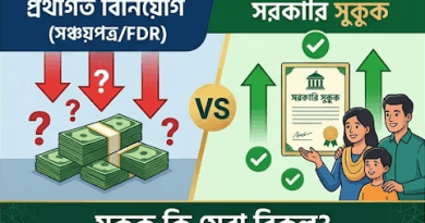 Bengali Infographic Contrasting Risky Investment with Secure Savings Left Shows Cash Stacks and Red Arrows with Question Marks Right Shows a Government safe Certificate with a Family and Green Checks Vs Vs in the Middle