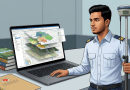 Surveyor in Uniform Beside a Laptop Showing Layered Gis Maps and Surveying Equipment in an Office Setting
