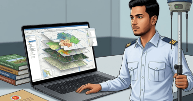 Surveyor in Uniform Beside a Laptop Showing Layered Gis Maps and Surveying Equipment in an Office Setting