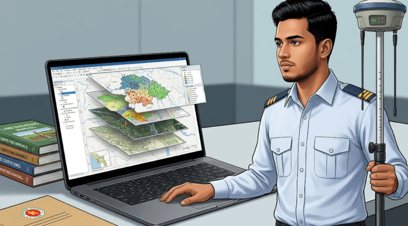 Surveyor in uniform beside a laptop showing layered GIS maps and surveying equipment in an office setting.