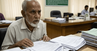 Older Man with Gray Hair and Beard Sits at a Desk in an Office Reviewing a Large Stack of Papers with a Focused Expression