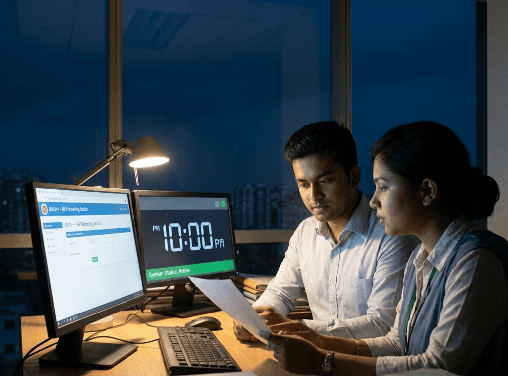 1779356004600 | বাংলাদেশ সার্ভিস রুলস Two Coworkers Review a Document at a Desk with Two Monitors One Screen Shows a Dashboard the Other Shows a Large Clock Reading 1000 Pm in a Dim Office