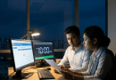 Two coworkers review a document at a desk with two monitors; one screen shows a dashboard, the other shows a large clock reading 10:00 PM in a dim office.