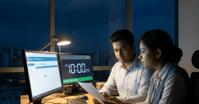 | বাংলাদেশ সার্ভিস রুলস Two Coworkers Review a Document at a Desk with Two Monitors One Screen Shows a Dashboard the Other Shows a Large Clock Reading 1000 Pm in a Dim Office