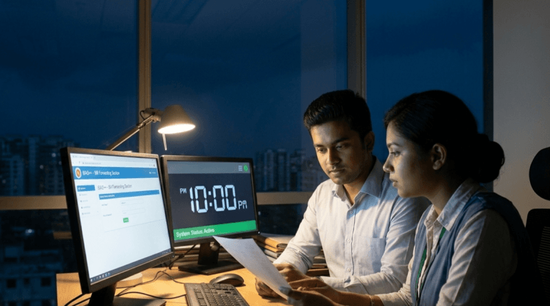 Two Coworkers Review a Document at a Desk with Two Monitors One Screen Shows a Dashboard the Other Shows a Large Clock Reading 1000 Pm in a Dim Office