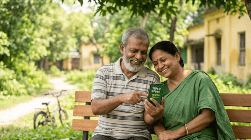 Elderly Indian couple sits on a park bench, smiling while reading a small green book together.