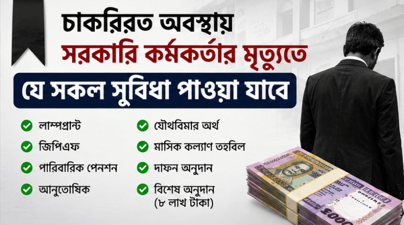 চাকরিরত অবস্থায় সরকারি কর্মকর্তা মৃত্যুবরণ করলে কী কী আর্থিক সুবিধা পাওয়া যায়?