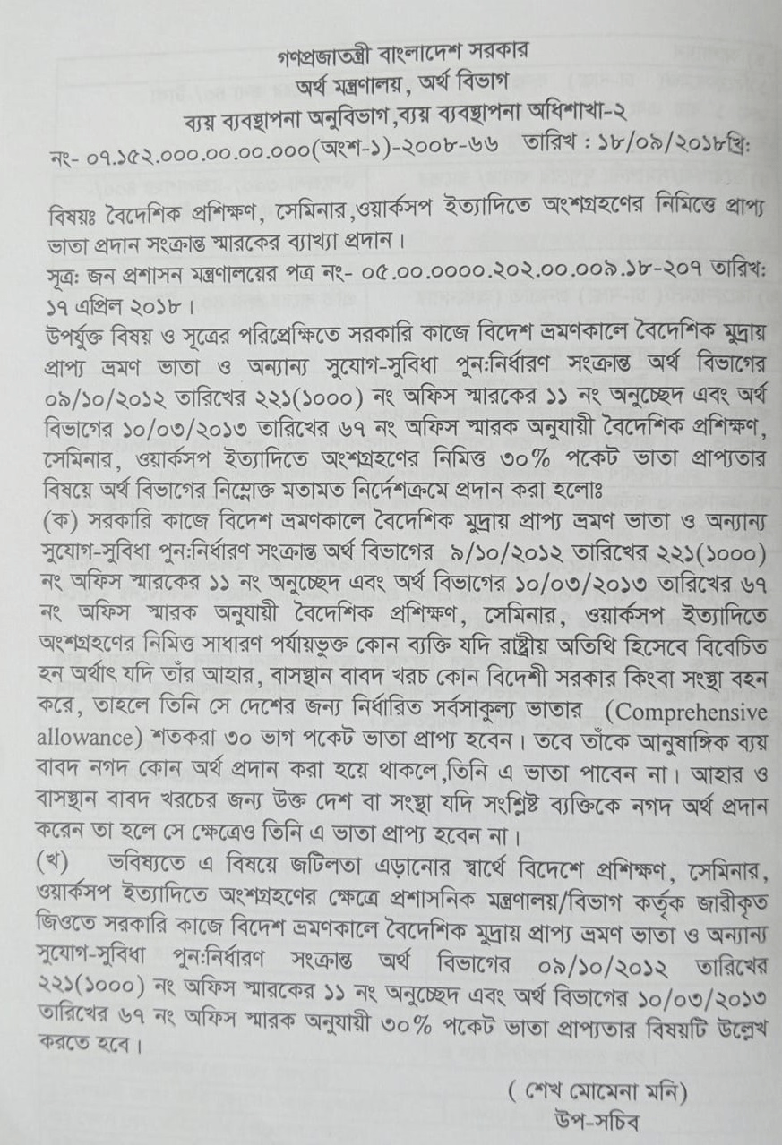 বিদেশে প্রশিক্ষণ-সেমিনারে অংশগ্রহণকারীদের জন্য ৩০ শতাংশ পকেট ভাতা