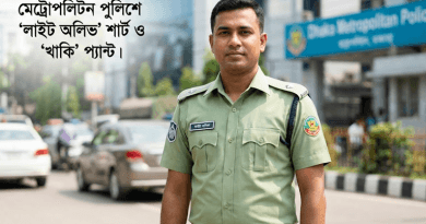 Bangladesh police officer in uniform standing on a city street with a Dhaka Metropolitan Police building in the background.