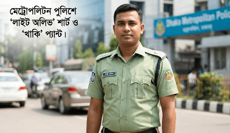 Bangladesh police officer in uniform standing on a city street with a Dhaka Metropolitan Police building in the background.