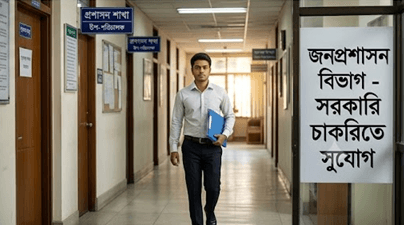 A man in a light shirt and dark pants walks down a government office hallway, carrying a blue folder; Bengali department signs line the corridor.