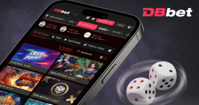 Smartphone showing a betting gaming app UI with colorful game tiles and a DBbet logo in the corner, with rolling dice beside the device