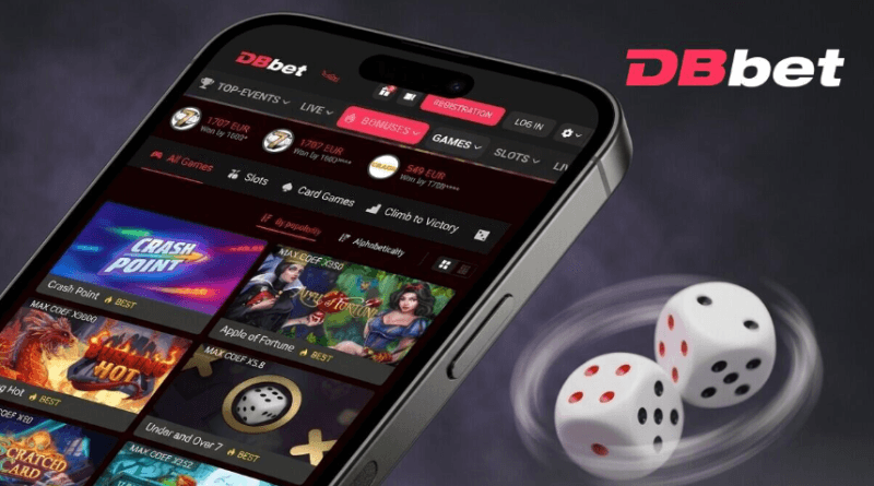 Smartphone showing a betting gaming app UI with colorful game tiles and a DBbet logo in the corner, with rolling dice beside the device