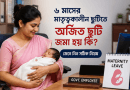 Mother in a pink saree cradles a newborn at an office desk with a 'MATERNITY LEAVE' sign and a 'GOVT. EMPLOYEE' nameplate, conveying maternity leave for working mothers in government jobs.
