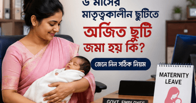 Mother in a pink saree cradles a newborn at an office desk with a 'MATERNITY LEAVE' sign and a 'GOVT. EMPLOYEE' nameplate, conveying maternity leave for working mothers in government jobs.