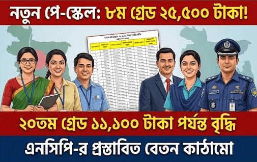 Bengali banner announcing a new pay scale with salary details, showing diverse professionals (teacher, nurse, official, police) and a central document against a world-map background