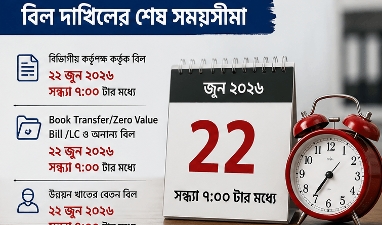 Bengali schedule poster about final deadlines with three listed dates all at 9:00, a calendar showing June 22, 2026, and a red analog alarm clock beside it.