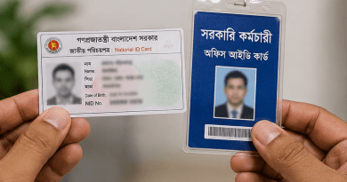 Two identification cards are held up: a white National ID Card on the left and a blue government ID on the right, each with a photo and barcode
