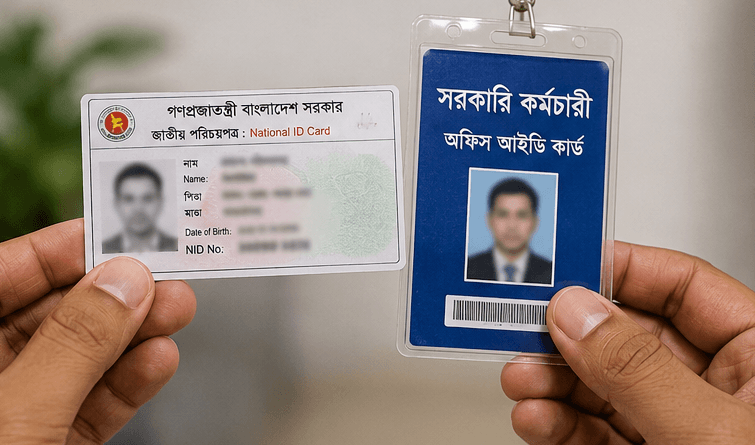Two identification cards are held up: a white National ID Card on the left and a blue government ID on the right, each with a photo and barcode