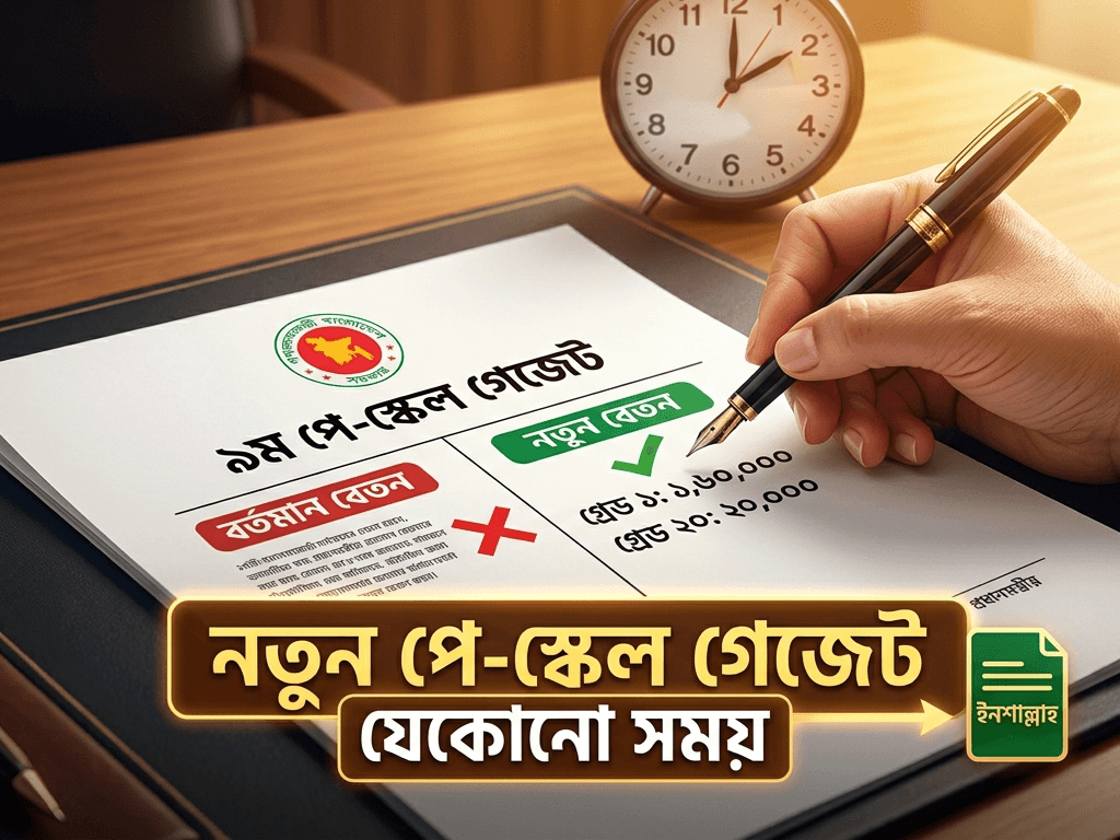 Hand signing a Bengali pay-scale form on a wooden desk, clock in the background.