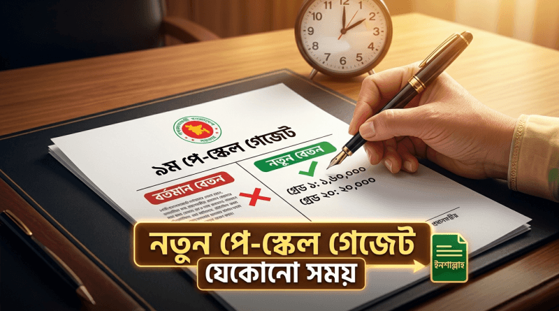 Hand signing a Bengali pay-scale form on a wooden desk, clock in the background.
