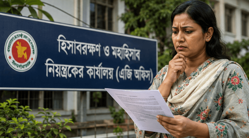 Woman in a floral shawl studies a paper outside a blue Bengali government office sign.