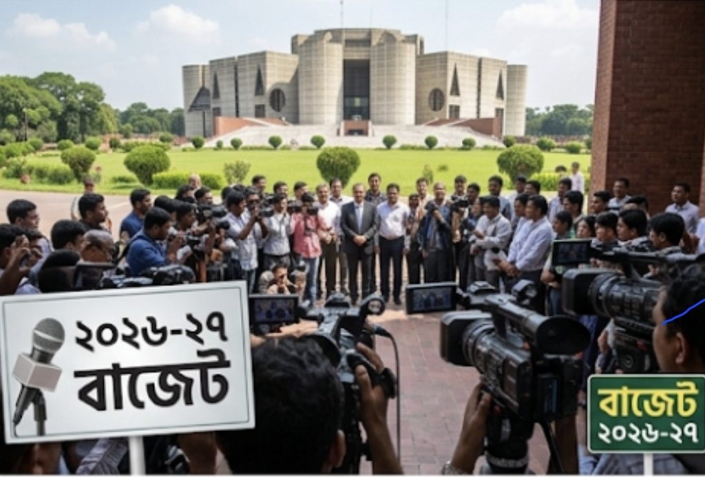Group of reporters and camera crews surround officials for a budget briefing outside a government building. Bengali signs are visible in the foreground and a large monument is in the background.