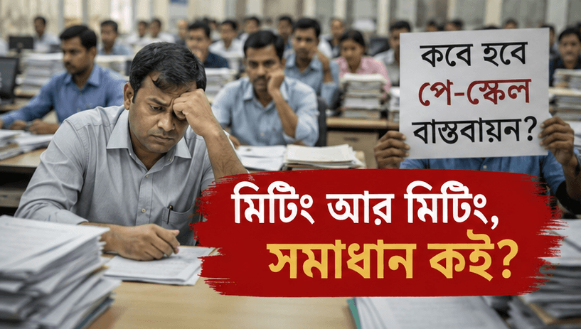Man wearing a light shirt sits at a desk in a crowded office, looking stressed while surrounded by piles of papers; a protest sign in Bengali is held in the background, with bold text on a red banner