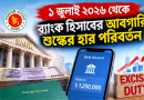 Video thumbnail announcing a Bangladeshi tax update from July 1, 2026, with a bank building, cash stacks, savings book, and a phone showing bank balance.