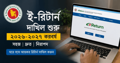 Banner promoting e-return filing in Bangladesh with the national seal and a laptop showing the eReturn portal. Likely conveys easy, accurate online tax filing for 2023–2027 (Bengali text visible).