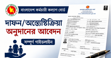 Bangladesh government banner promoting grant/aid applications, featuring a blue header with Bengali text, a blue family icon, and a sample official form with a pen on the right.