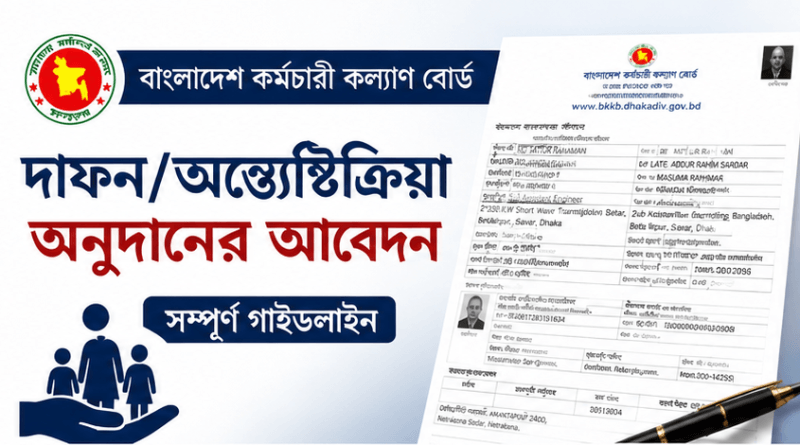 Bangladesh government banner promoting grant/aid applications, featuring a blue header with Bengali text, a blue family icon, and a sample official form with a pen on the right.
